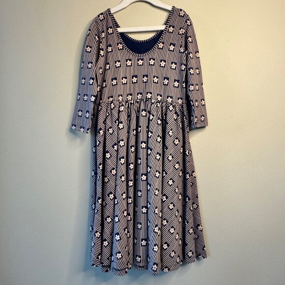 ALICE + AMES Floral Striped Ballet Dress Girls 10 Navy Blue Cream Twirl Dress - Picture 2 of 4